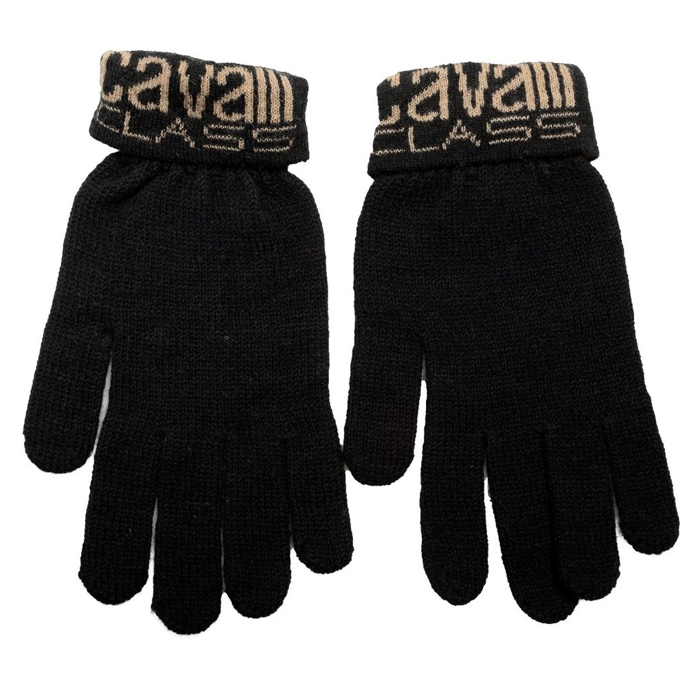 Cavalli Class Unisex 100% Wool Black Logo Print Knitted Gloves One Size